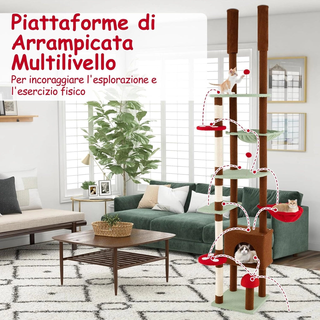 Albero per Gatti da Pavimento a Soffitto, Tiragraffi per Gatti a Forma di Fungo con Altezza Regolabile, Condo, Amaca, Cestino Sospeso Ruotabile, Tiragraffi in Sisal e 2 Palline a Molla