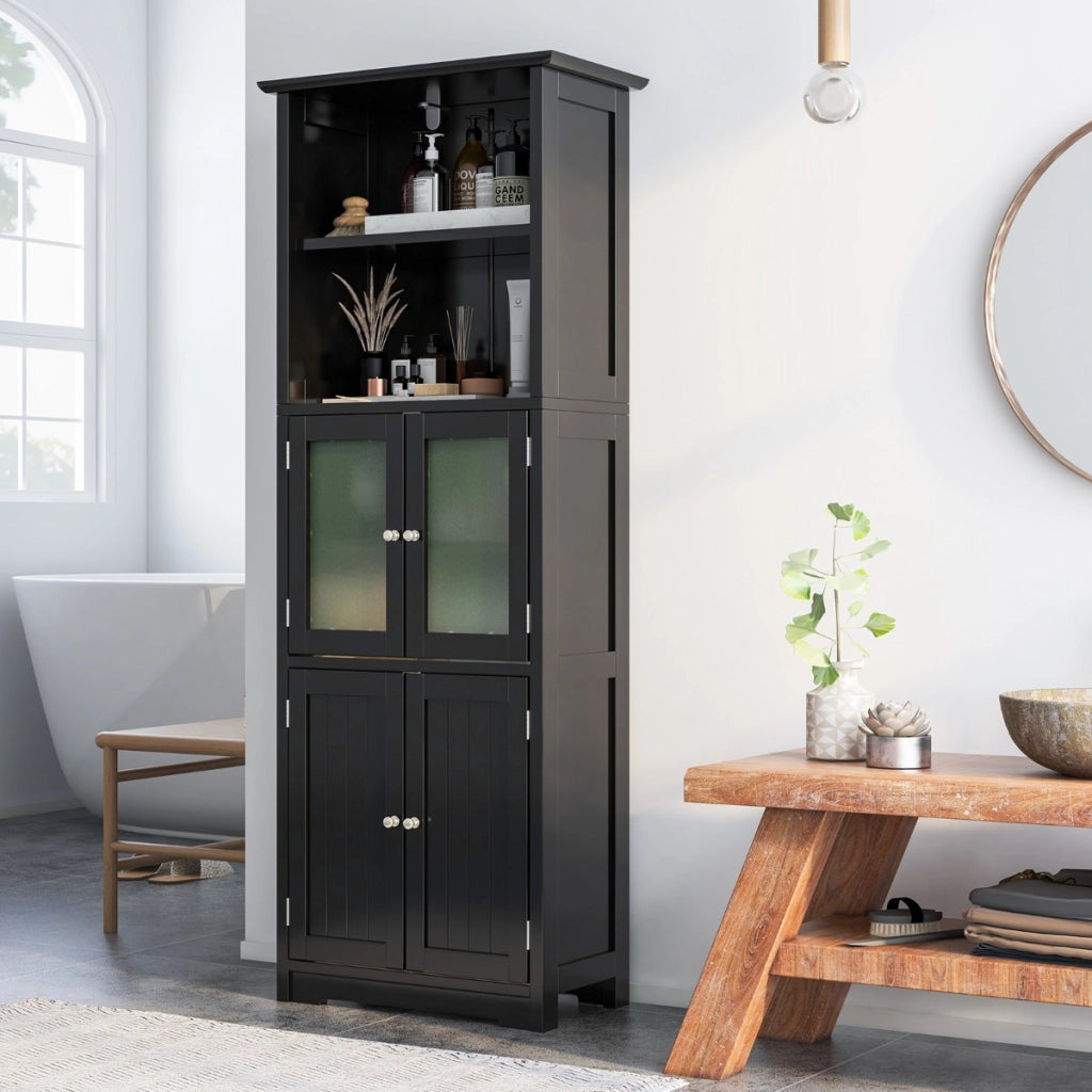 Armadio 163cm con 2 armadietti scomparti aperti ripiani regolabili ante in vetro-Buffet Organizzatore da pavimento Nero