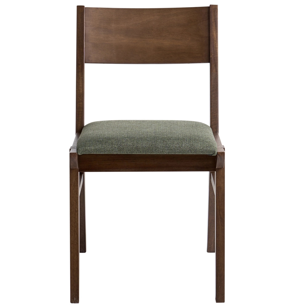 Set di 2 sedie da pranzo con struttura in legno di gomma marrone e verde scuro seduta in tessuto senza braccioli design retrò e tradizionale