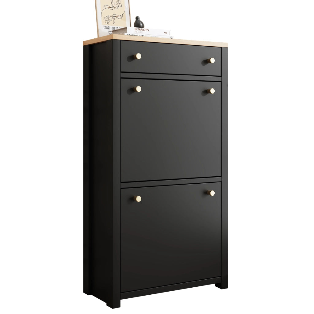 Scarpiera salvaspazio con 2 ante a ribalta, cassetto superiore e ripiani interni regolabili, colore nero con effetto legno, 50 ¡Á 25 ¡Á 95 cm