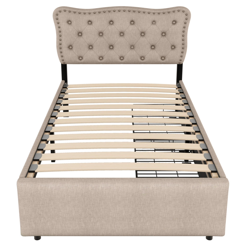 Letto imbottito 90x200 cm; testiera regolabile e 2 cassetti; MDF e lino; beige marrone