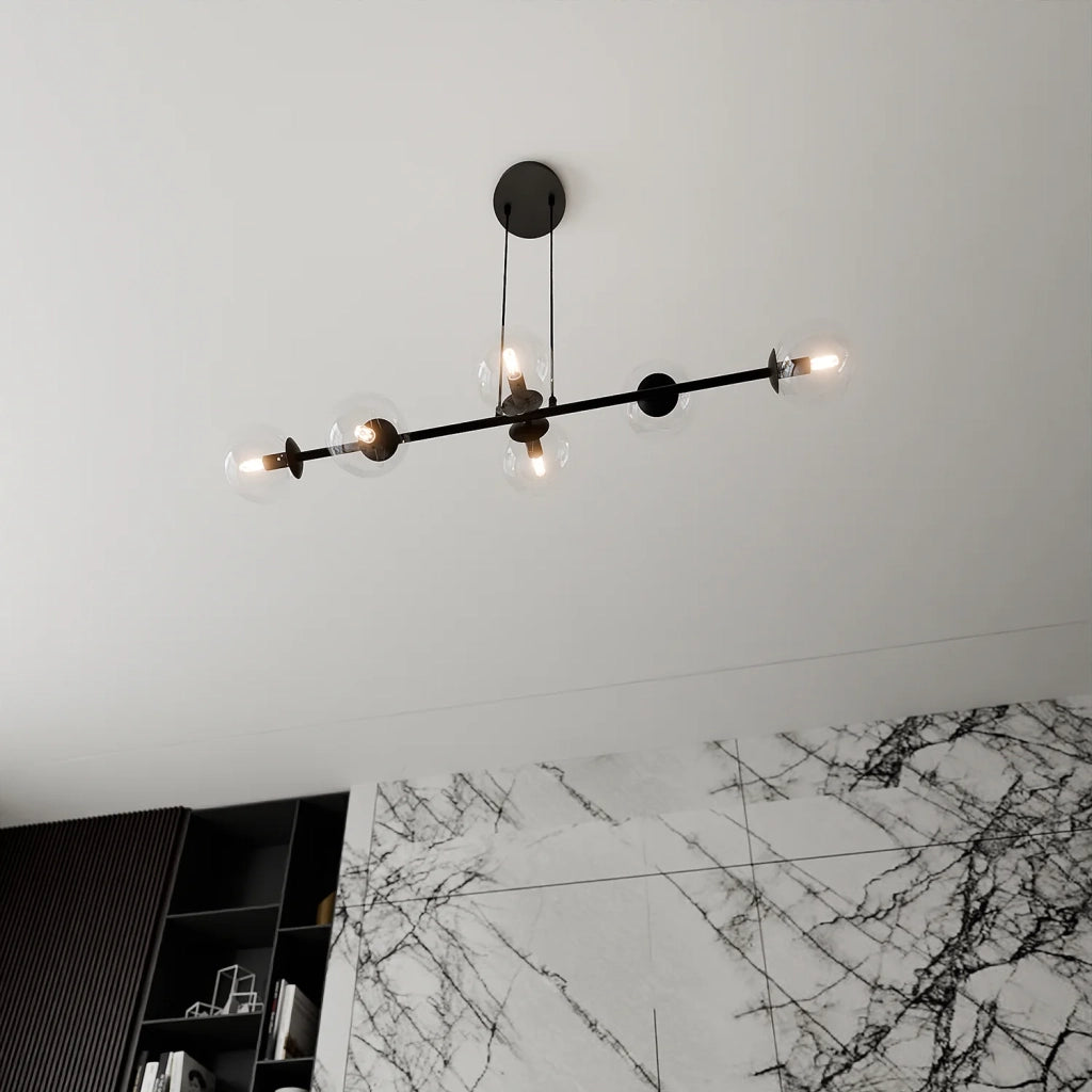 Lampadario Contemporaneo 6 Luci Durga In Acciaio Nero E Sfere Vetro Trasparente