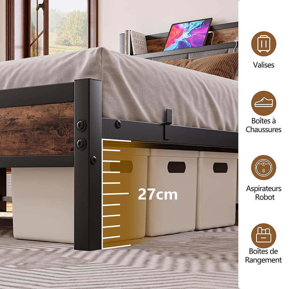 Letto 140x190cm LED - Xylo - USB testiera metallo facile montaggio