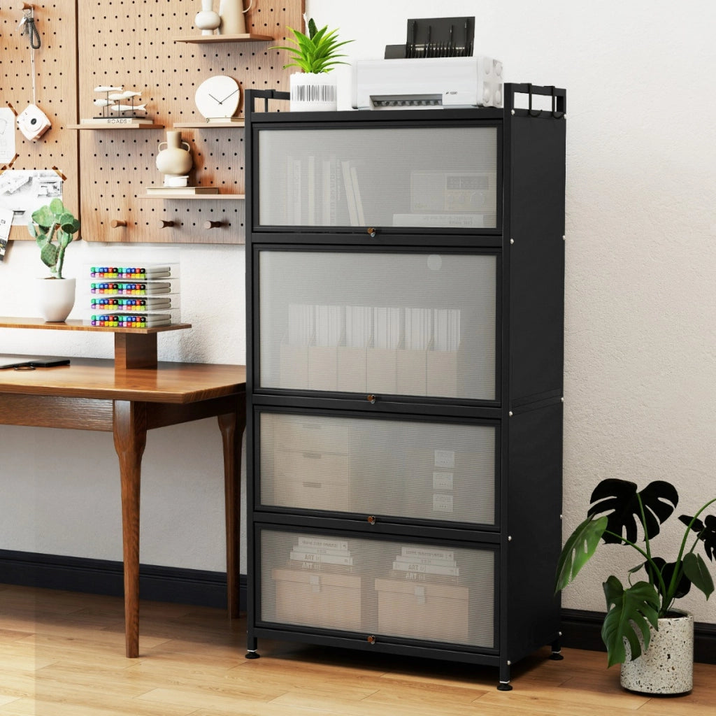 Armadio da cucina a 5 ripiani con 4 ante a ribalta e piedini regolabili, Carrello porta microonde per sala da pranzo Nero-Credenze buffet