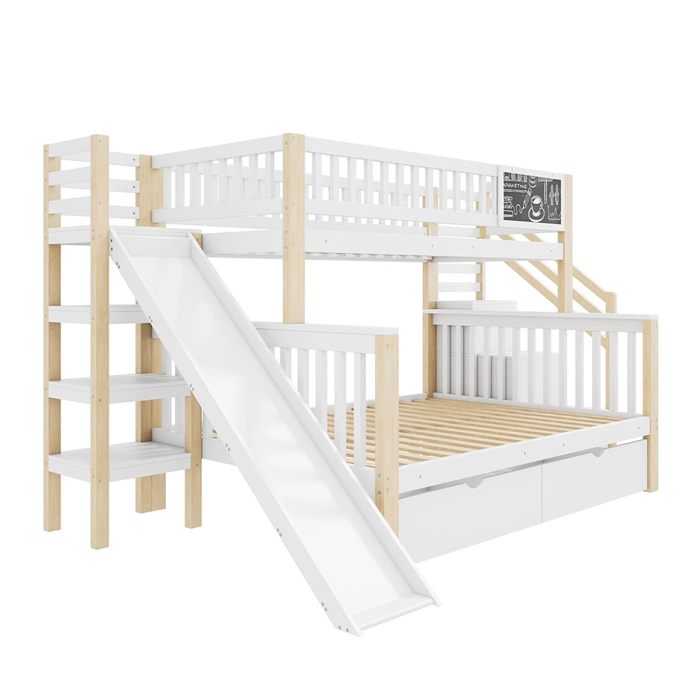 Letto a castello per bambini - Xylo - 140x200 cm e 90x200 cm - Bianco - Multifunzionale con lavagna