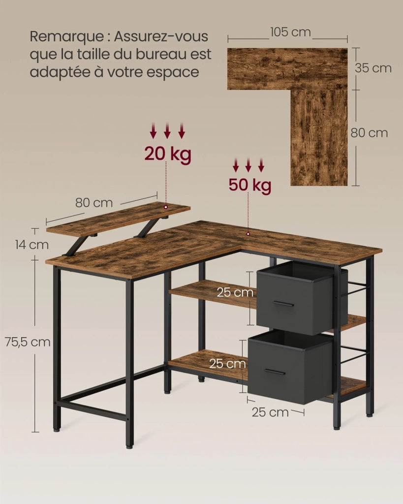Scrivania a L con 2 ampi cassetti scrivania da gioco con supporto per monitor scrivania angolare scrivania per computer con ripiano regolabile marrone 12_0004616