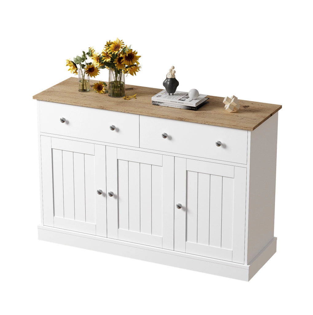 Sideboard 120x36x80.5 cm con 3 ante e 2 cassetti; pannello truciolare bianco e legno