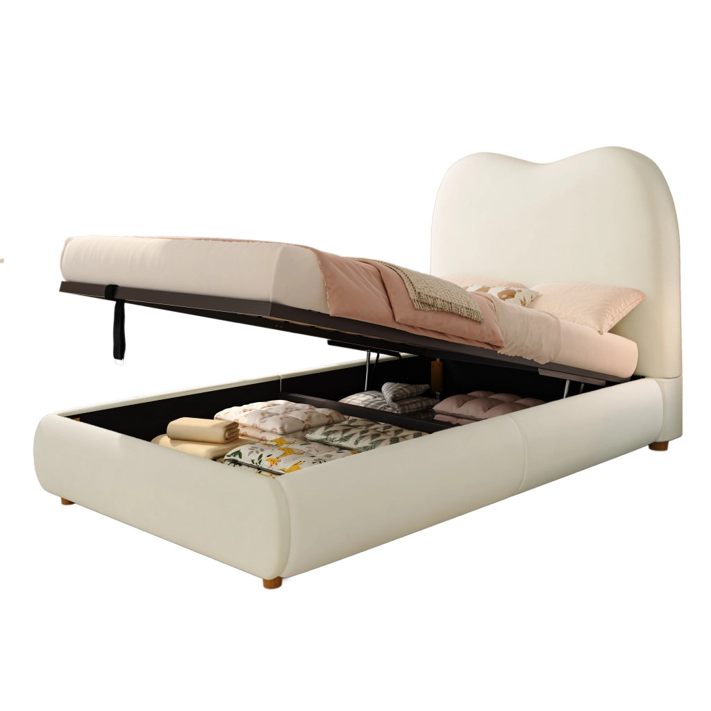 Letto imbottito per bambini 90 x 200 cm con contenitore, rete a doghe, testiera imbottita e rivestimento in velluto beige