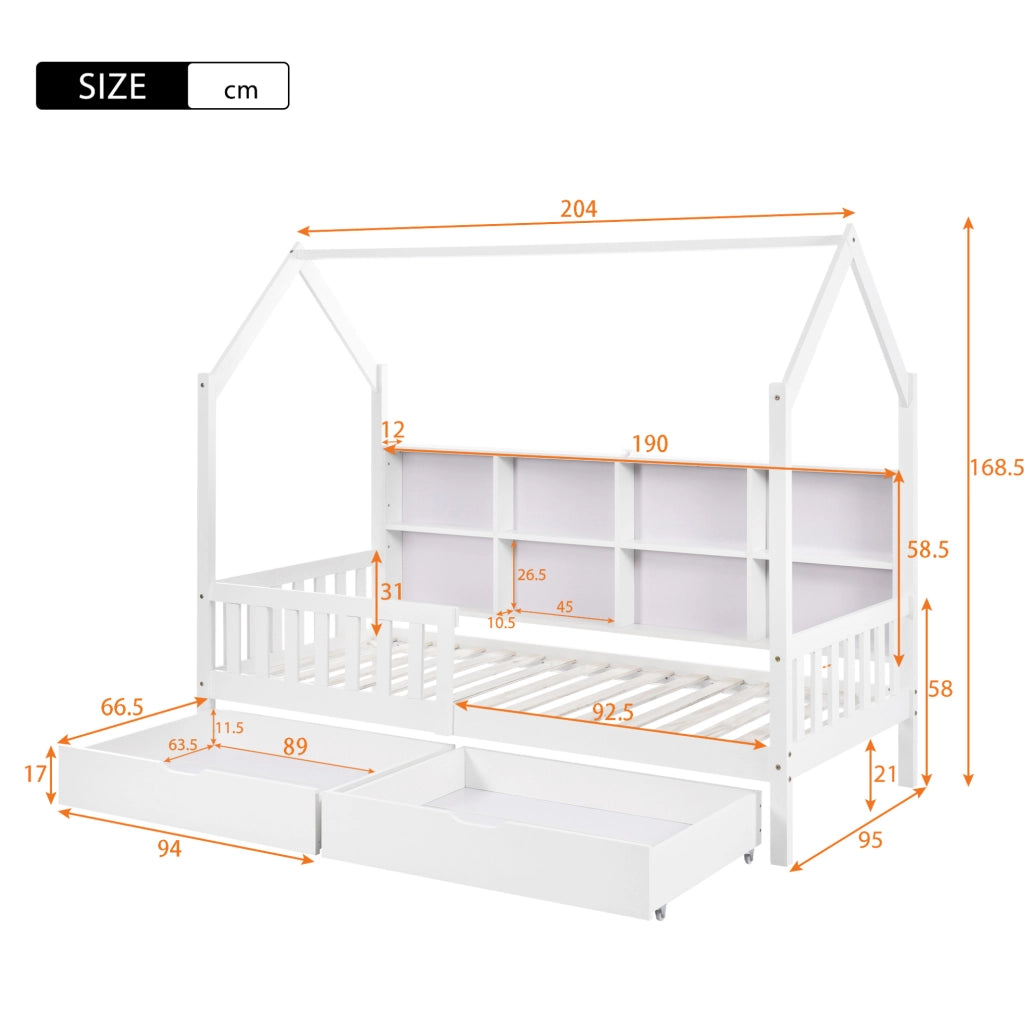 Letto a casetta per bambini 90x200 cm bianco con cassetti