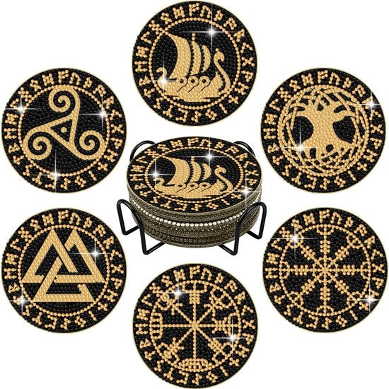 Set di sottoscrizioni per pittura con diamanti 6 pezzi Nordic Diamond Painting con supporto, sottoscrizioni per pittura con diamanti Vikings Rune per bevande, set di pittura con diamanti 5D per principianti, adulti, bambini, tavolo di lavoro, 4 pollici