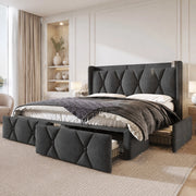 Letto matrimoniale imbottito 140x200 cm con 4 cassetti; ricarica USB e prese; grigio
