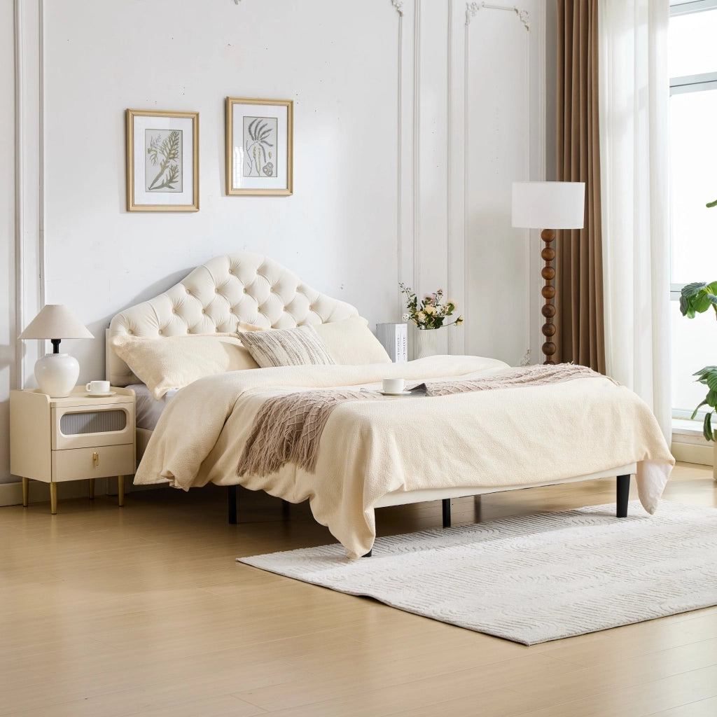 Letto Imbottito Matrimoniale in Velluto con Testiera Regolabile e Doghe ¨C MINIMAL ¨C Beige 140x200