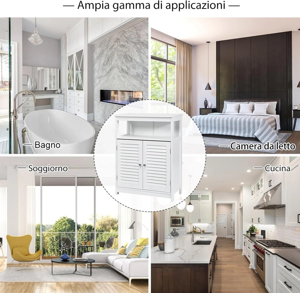 Armadietto del Bagno, Armadietto di Legno con Doppie Ante a Persiana e Mensola Regolabile, Armadio per Bagno Salone Camera da Letto (Bianco)