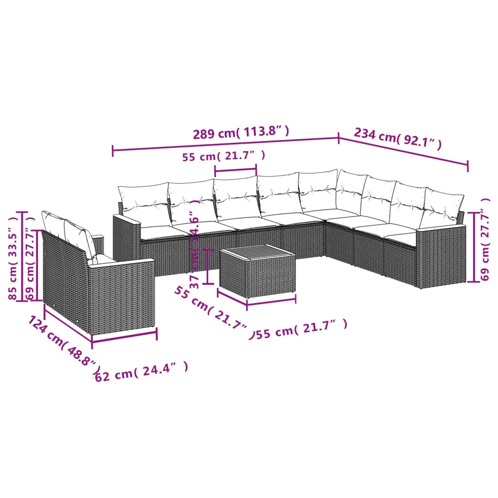 Set Divani da Giardino 11 pz con Cuscini Beige in Polyrattan 3258524