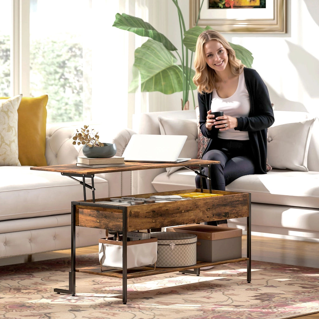 Tavolino da Caffè in Stile Industriale 95x40x46,5 cm con Vano Nascosto e Ripiano in Legno Marrone