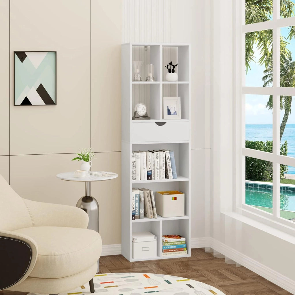 Libreria Bianca, Scaffale Soggiorno con 8 Vani Portaoggetti, Mobile in Legno Salvaspazio con Cassetto, Portalibri da Terra Moderno per Camera da Letto, Ufficio, 50x24x168 cm