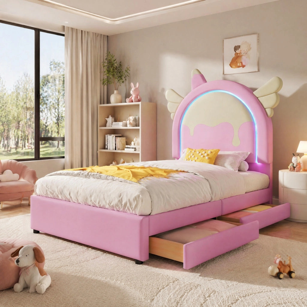 Letto imbottito rosa 90x200 cm con 2 cassetti e luce LED, forma unicorno