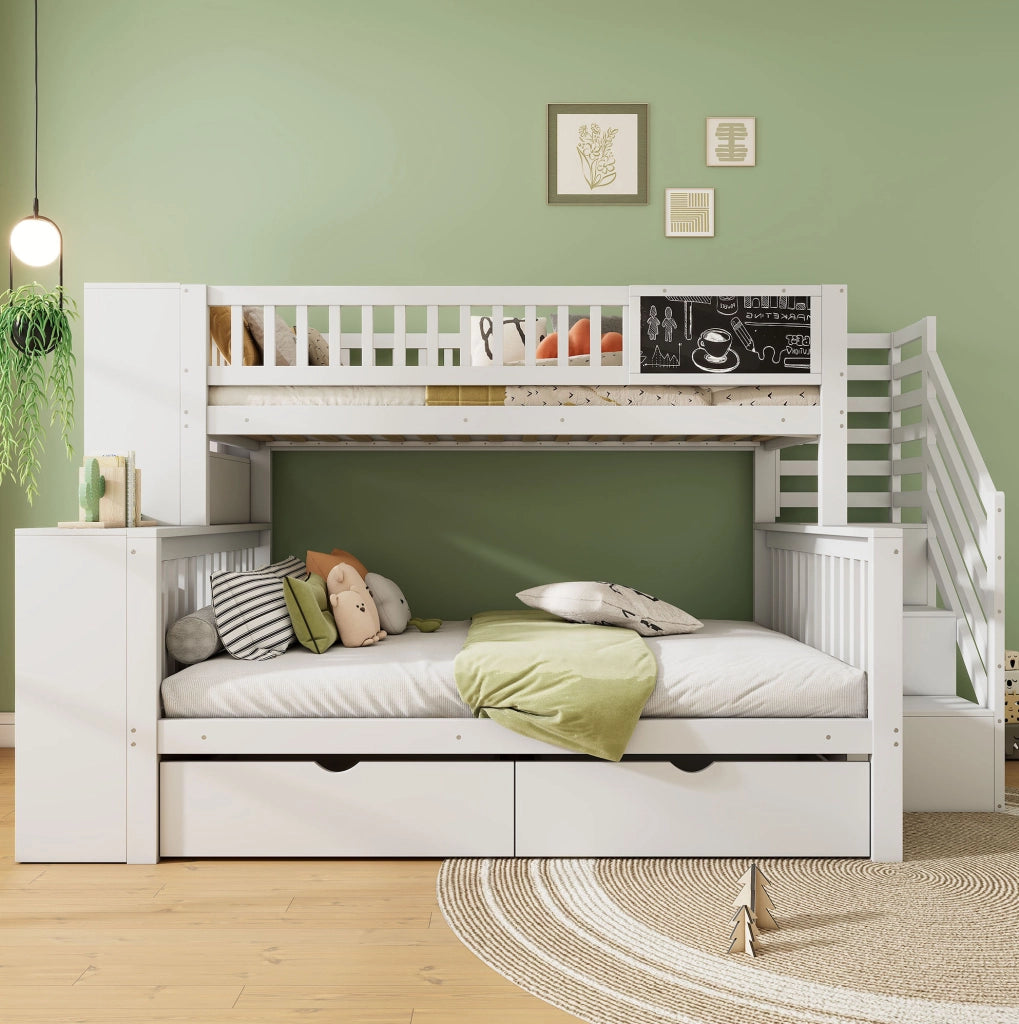 Letto a castello a casetta con lavagna e vani contenitore; 140x200 cm; bianco