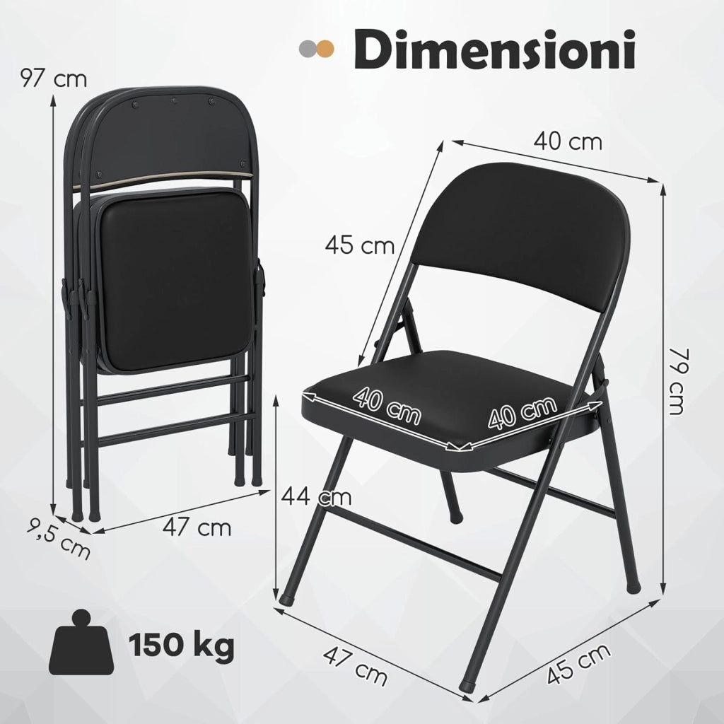 Set di 2 Sedie Pieghevoli, Sedia per Interno ed Esterno con Struttura in Metallo, Sedie Impilabili in Artificiale PVC, Portata 150kg, Sdraio Imbottite da Pranzo per Feste e Matrimoni (2)