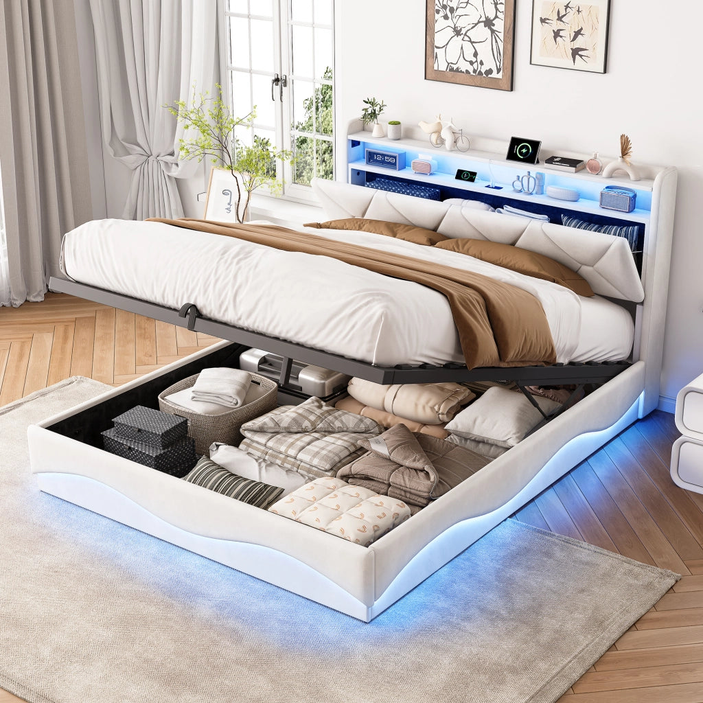 Letto una piazza e mezza 140x200 cm con contenitore LED USB Type-C testiera rete a doghe tessuto - beige