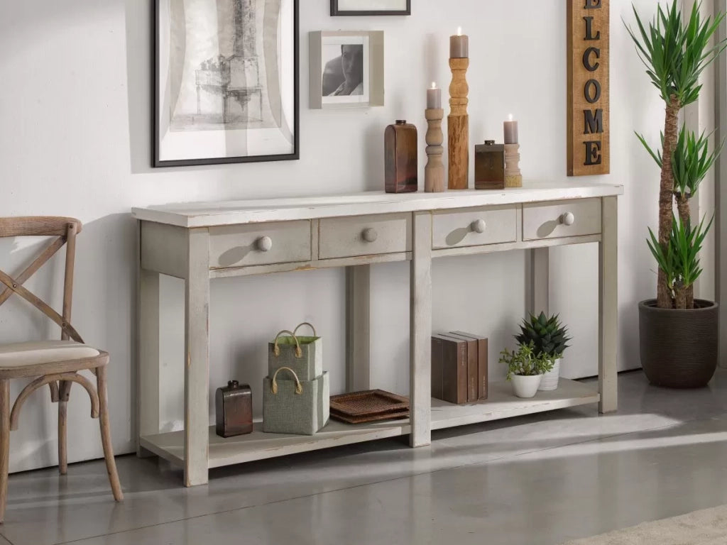 Bancone 4 cassetti 1 ripiano shabby grigio in legno massello 200x50x90 - Mobili 2G