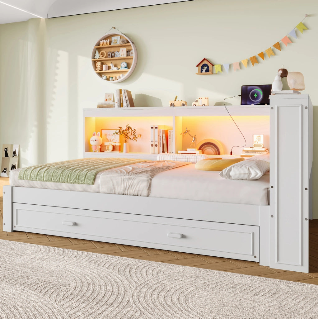 Daybed 90x200 cm con letto estraibile; LED; presa; USB e Type-C; bianco