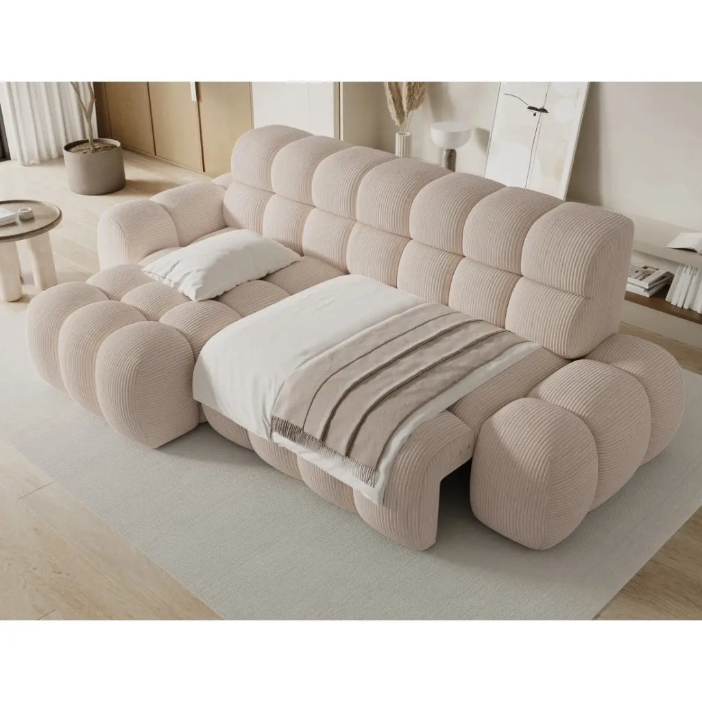 Divano angolare trasformabile BULLA 3 posti beige – velluto a coste con estensione della seduta elettrica