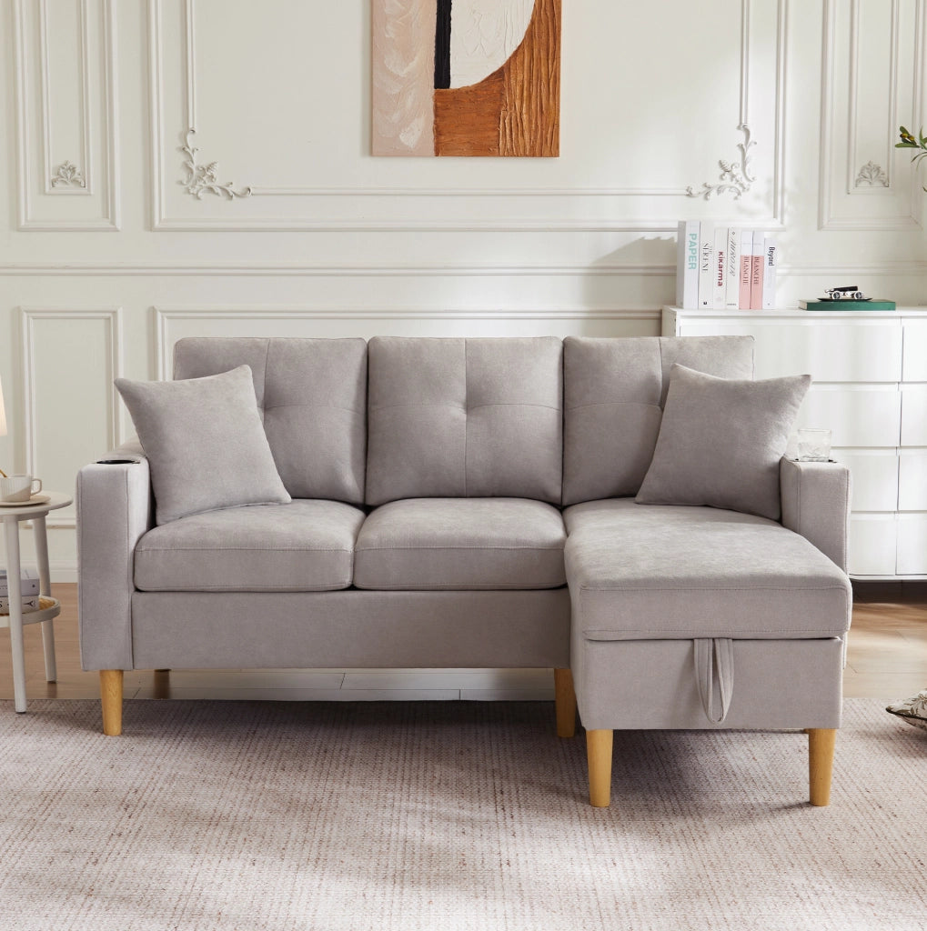 Divano con chaise longue 175x129x90 cm con contenitore e portabicchieri in cotone e lino grigio chiaro