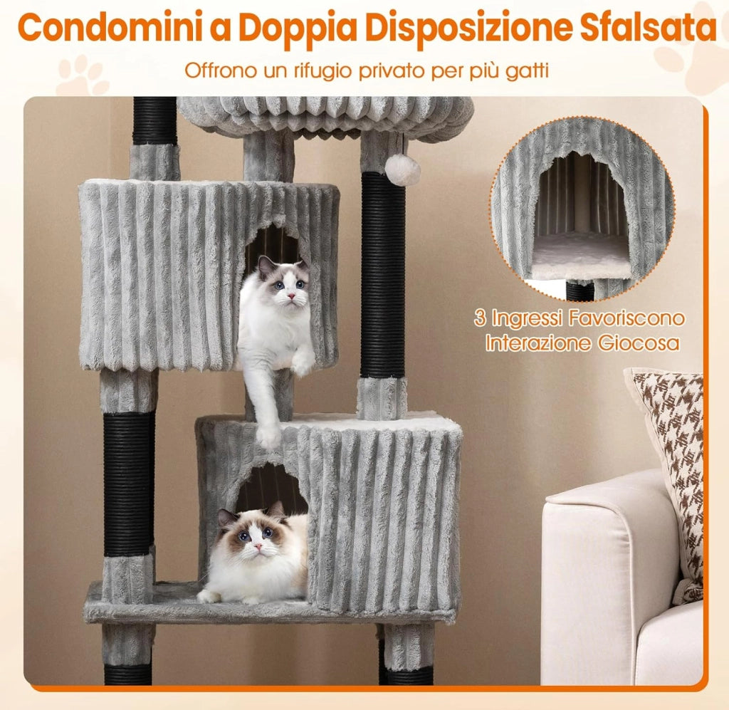 Albero per Gatti Alto 156 cm, Tiragraffi per Gatti con 2 Condo, 2 Letti a Ponte, Pali per Graffi, Palline Sonore Pendenti e Rivestimento Morbido in Flanella, Mobile per Gattini