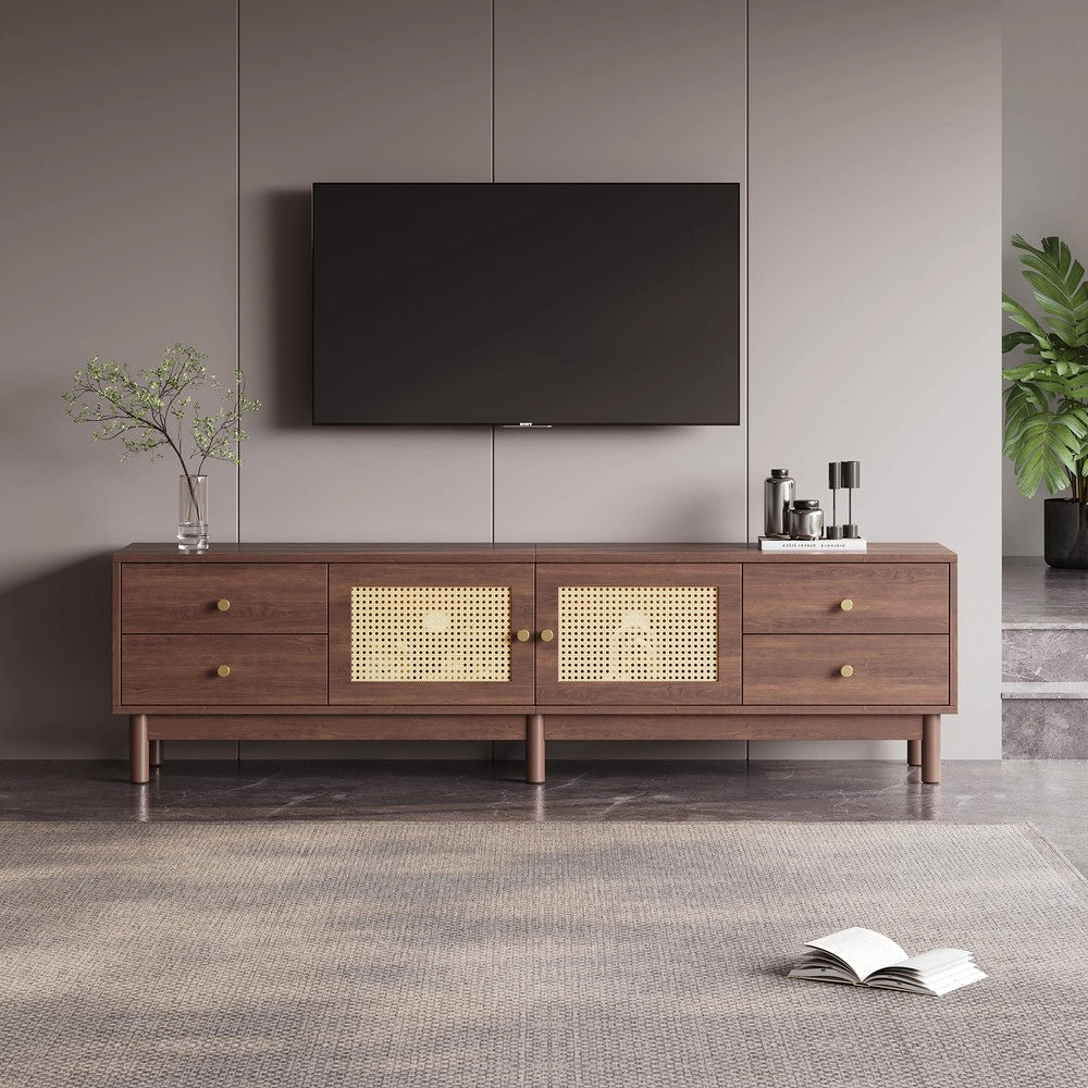 Mobile TV in Legno Scuro con Cassetti e Ante in Rattan ¨C Xylo ¨C 180 cm