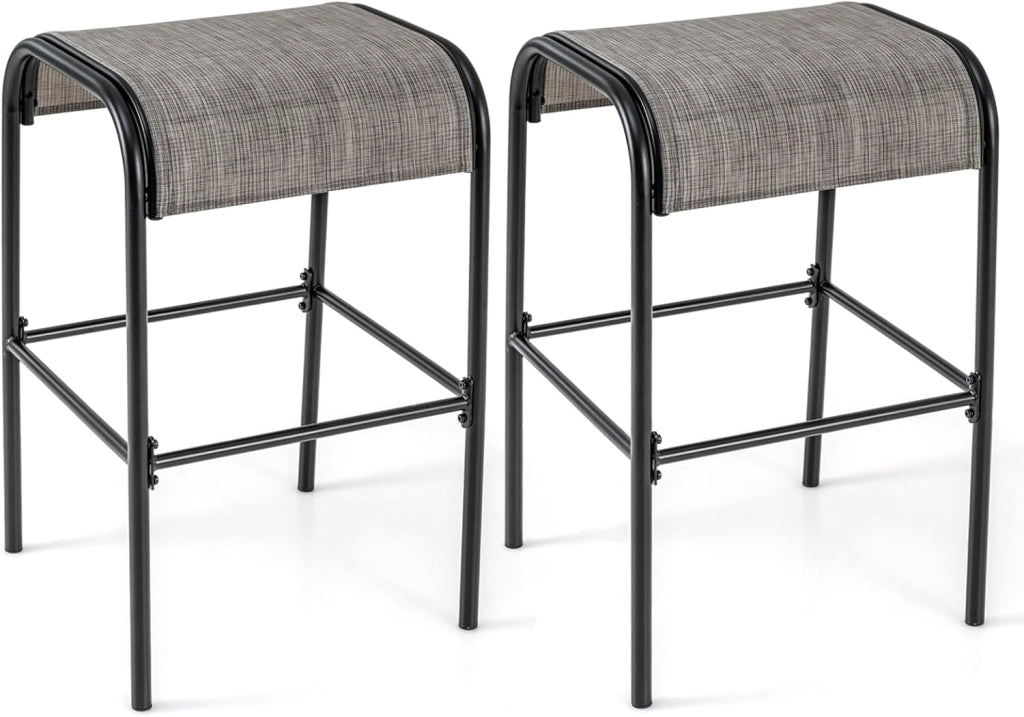 Set di 2 Sgabelli da Giardino,Sgabello da Giardino in Tessuto Texlilene, Sgabello da Bar da 76 cm, con Seduta Curva in Tessuto, Struttura in Metallo, Portata 180 kg, 47 x 47 x 76 cm