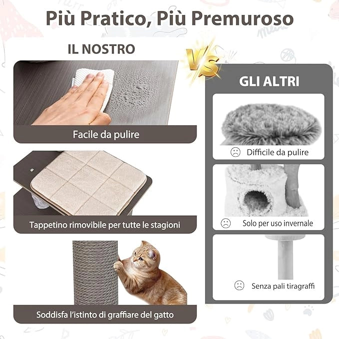 Albero per Gatti a 6 Livelli, Torre per Gatti Alta 151 cm con Condominio, Tappetini Removibili e Tiragraffi, Albero Tiragraffi per Arrampicata per Gattini in Legno con Palla Pompom Appesa