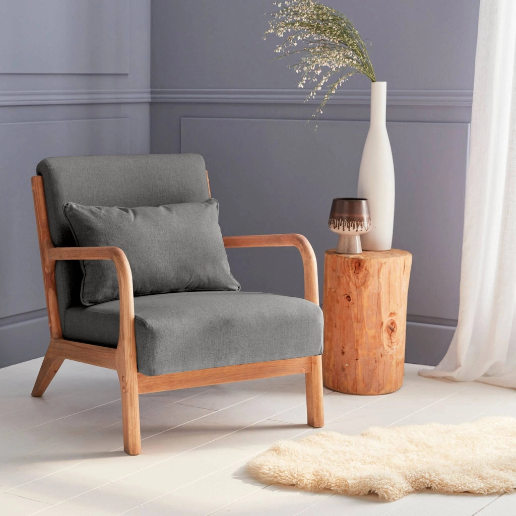 Poltrona scandinava in legno e tessuto con braccioli, grigio scuro