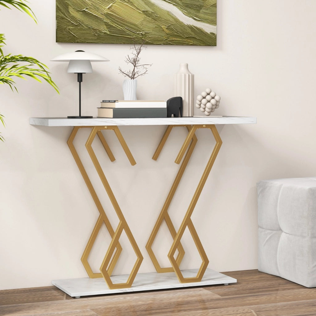 Tavolo consolle effetto marmo con piedini regolabili struttura in metallo, Tavolo d'ingresso 100x30x79cm Bianco-Consolle