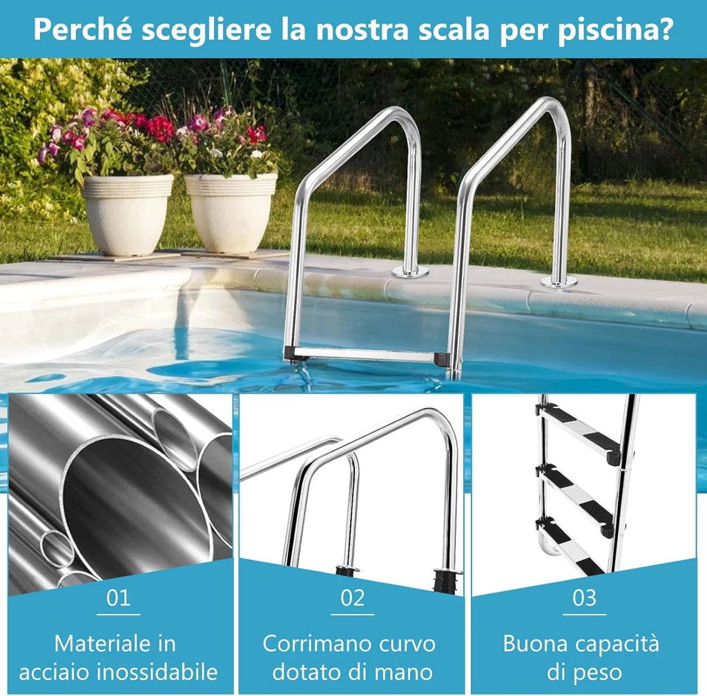 Scaletta per Piscina in Acciaio Inox, Scaletta Piscina con 3 gradini Antiscivolo, con Corrimano Comodo, Capacità di Carico: 150 kg
