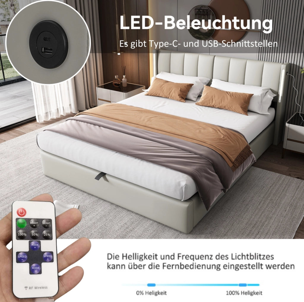 Letto imbottito 140x200 cm con USB e LED; testiera regolabile; PU grigio