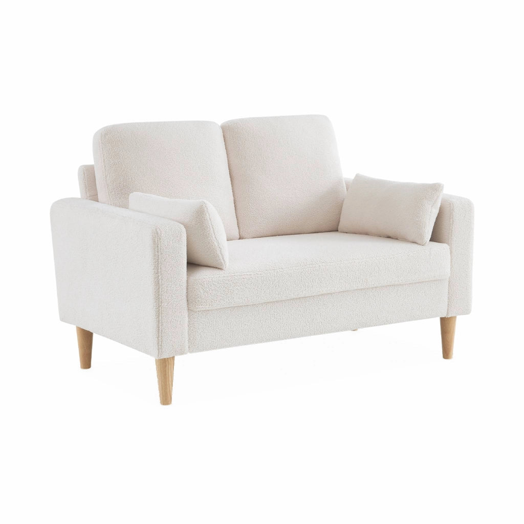 Divano scandinavo in tessuto bouclé e legno, 2 posti, crema