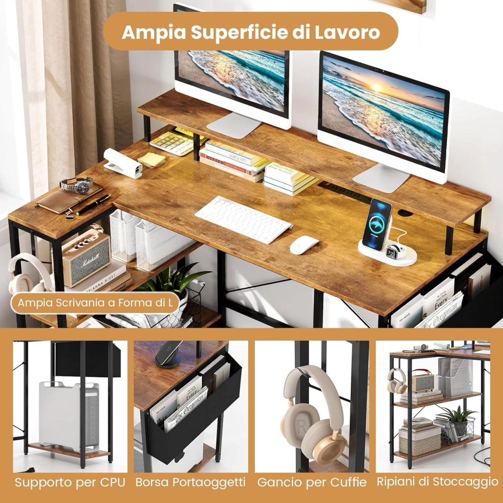 Scrivania Angolare da Gaming, Scrivania Salvaspazio a Forma di L con Luci LED, Stazione di Ricarica, Ripiani e Supporto per Monitor, Scrivania ad Angolo per Casa e Ufficio (Marrone)