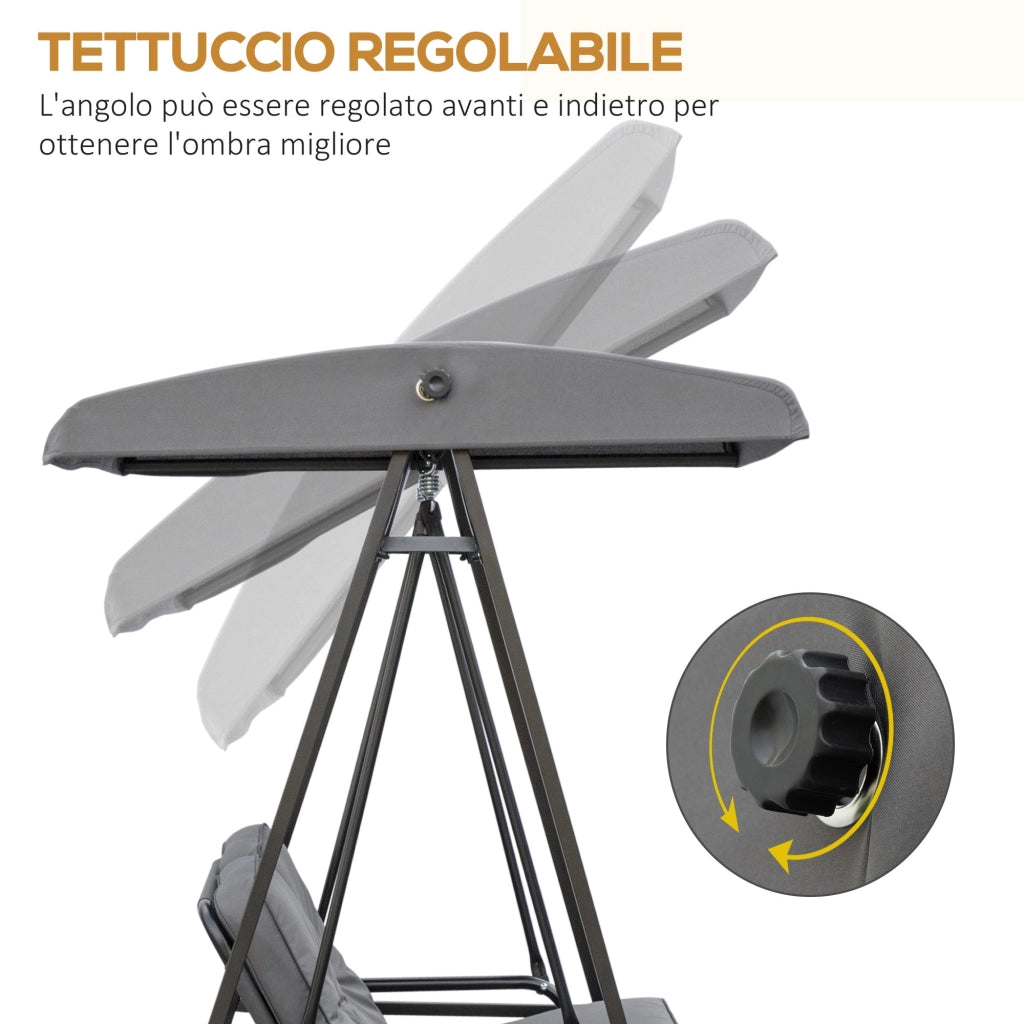 Dondolo da Giardino 2 Posti 144x117x173 cm con Tettuccio Regolabile e Cuscini in Acciaio e Poliestere Grigio