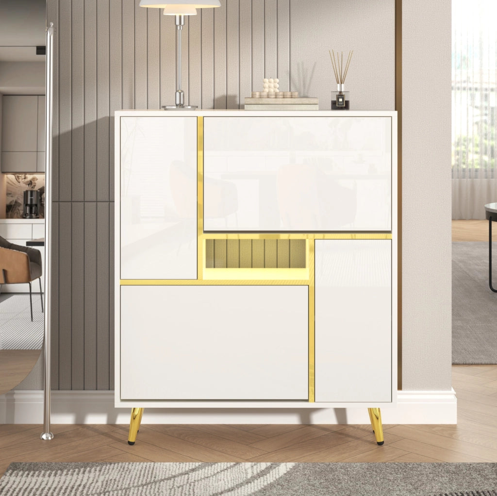 Mobile portascarpe bianco 80x25x96 cm con frontale lucido; LED 16 colori e ripiani regolabili