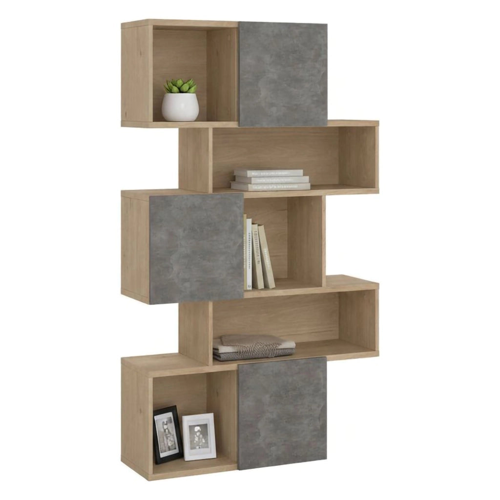 Libreria Acetosella, Scaffale da ufficio, Mobile portalibri, Biblioteca, 96x32 h166 cm, Rovere e Cemento