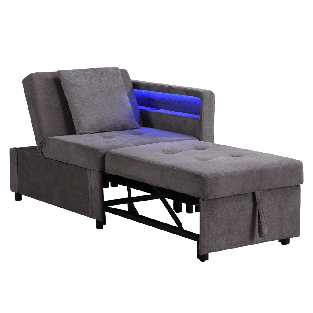 Divano letto 3 in 1 con schienale reclinabile, luci LED e porte USB/Type-C, grigio scuro