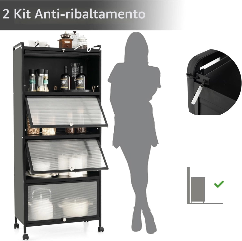 Mobile Dispensa Cucina a 5 Livelli, Mensola Microonde con Anta a Vista, Ruote, Dispositivo Antiribaltamento, Scaffale da Cucina in Ferro per Soggiorno, Sala da Pranzo, 60x32x154cm (Nero)