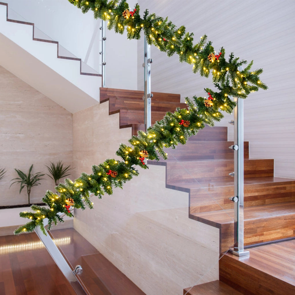 Ghirlanda di Natale di pino illuminata 270cm con 100 luci LED e timer, Ghirlanda artificiale in rattan con pigne-Decorazioni natalizie