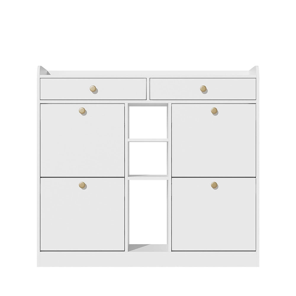 Armadietto per scarpe elegante - Xylo - 110x26x100 cm - Bianco - 4 ante battenti, 2 cassetti, 3 scomparti aperti