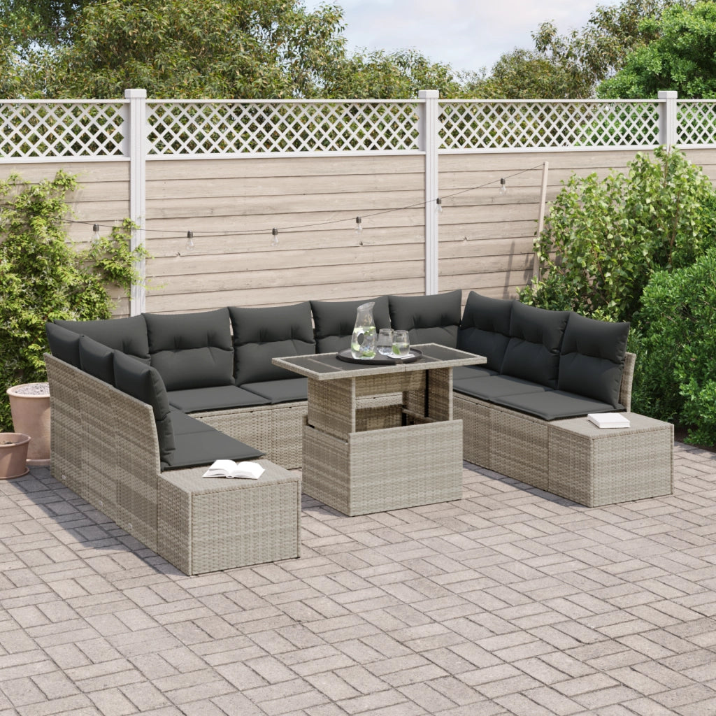 Set di divano da giardino da 10 pezzi con cuscini grigio chiaro in rattan sintetico