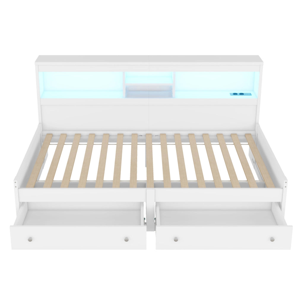 Divano letto 90x200 cm con LED e USB; prese e 2 cassetti truciolare bianco (Senza materasso)