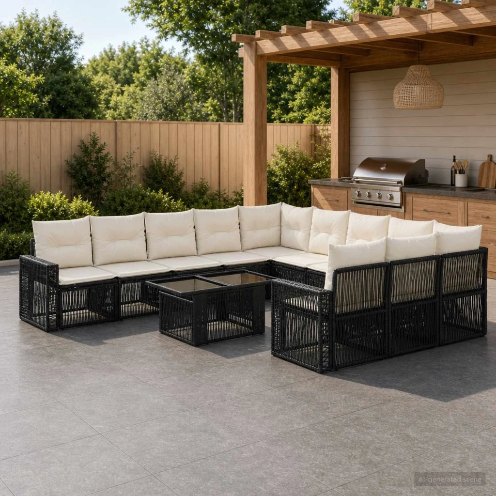 Set Divano da Giardino 12 pz Nero e Bianco Crema polyrattan 3436855
