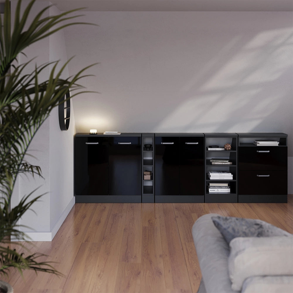 Set di mobili sottotetto Rion Nero lucido/Antracite 210 cm Set di 5 carcasse armadio profondità 60 cm Vicco