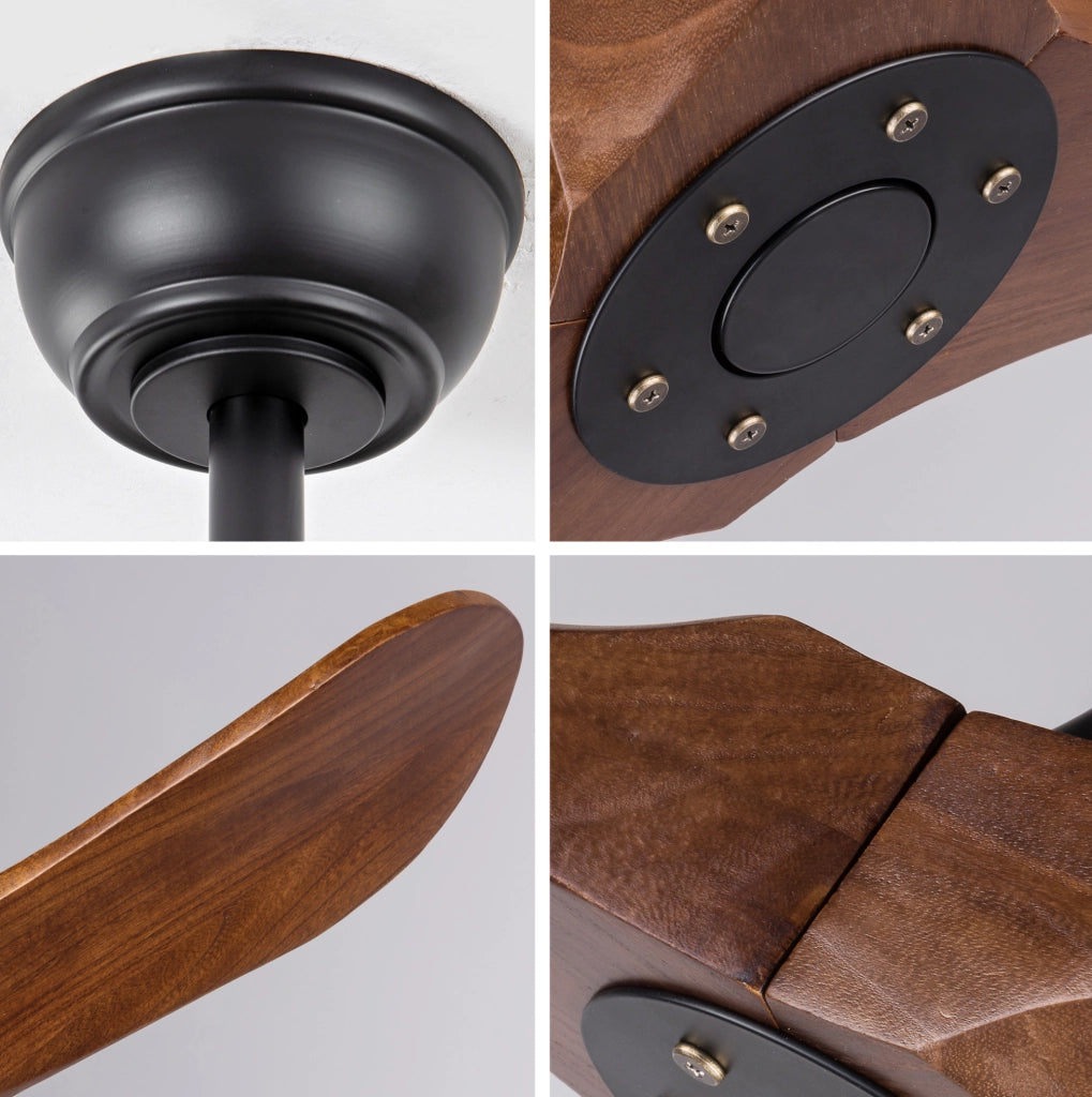 Ventilatore da soffitto senza luce con 3 pale in legno; telecomando; nero e noce scuro